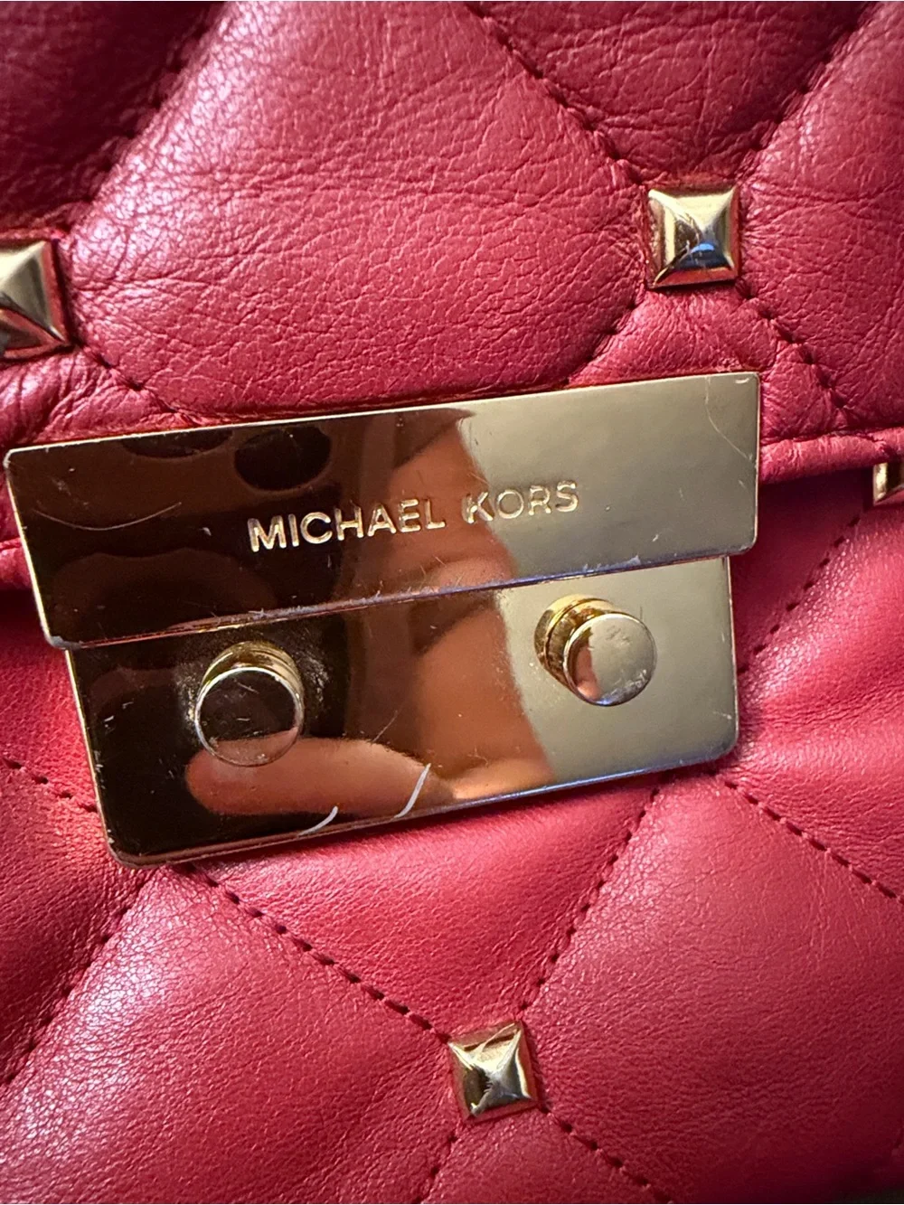 Michael Kors Red Quilted Stud Chain Shoulder Bag with Gold Hardware